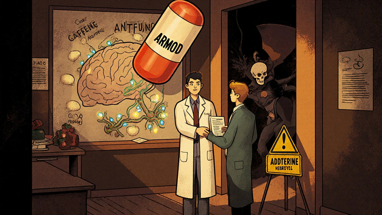 A doctor giving a prescription as a cartoon Armod pill explains brain chemistry, with warning figures in the background.