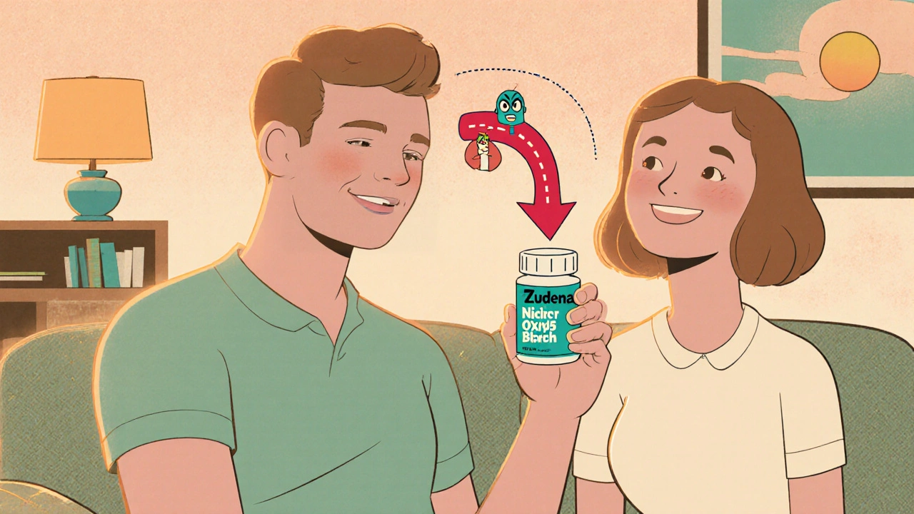 Couple on couch with cartoon arrow showing blood flow and blocked PDE5 enzymes