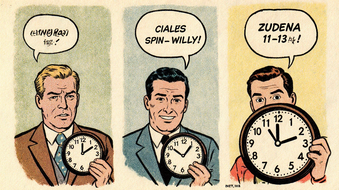 Three men comparing ED meds with clocks in vintage comic strip format