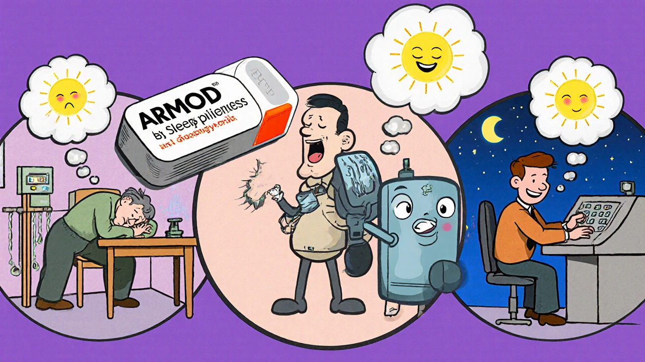 Three patients with sleep disorders being helped by a friendly cartoon Armod pill in a 1950s medical illustration style.