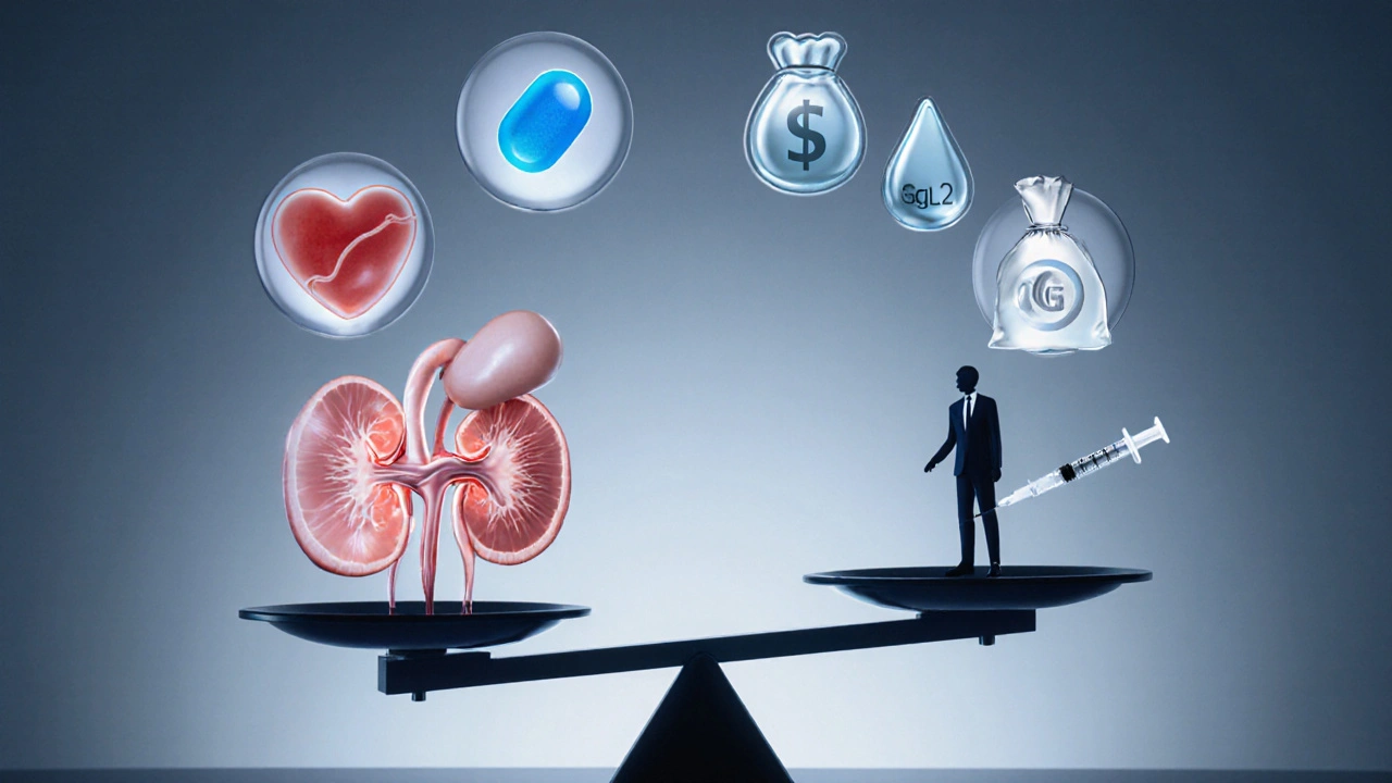 3D balance scale showing heart, kidney, weight, cost icons versus various medication symbols.