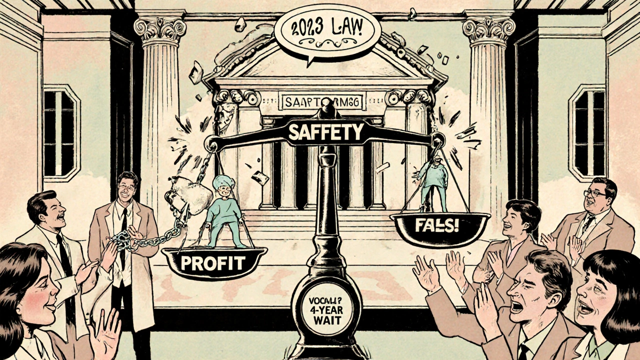 A patient tips a scale labeled &#039;Safety vs. Profit&#039; with a hammer labeled &#039;2023 Law&#039;, while scientists cheer in a cartoon courtroom scene.