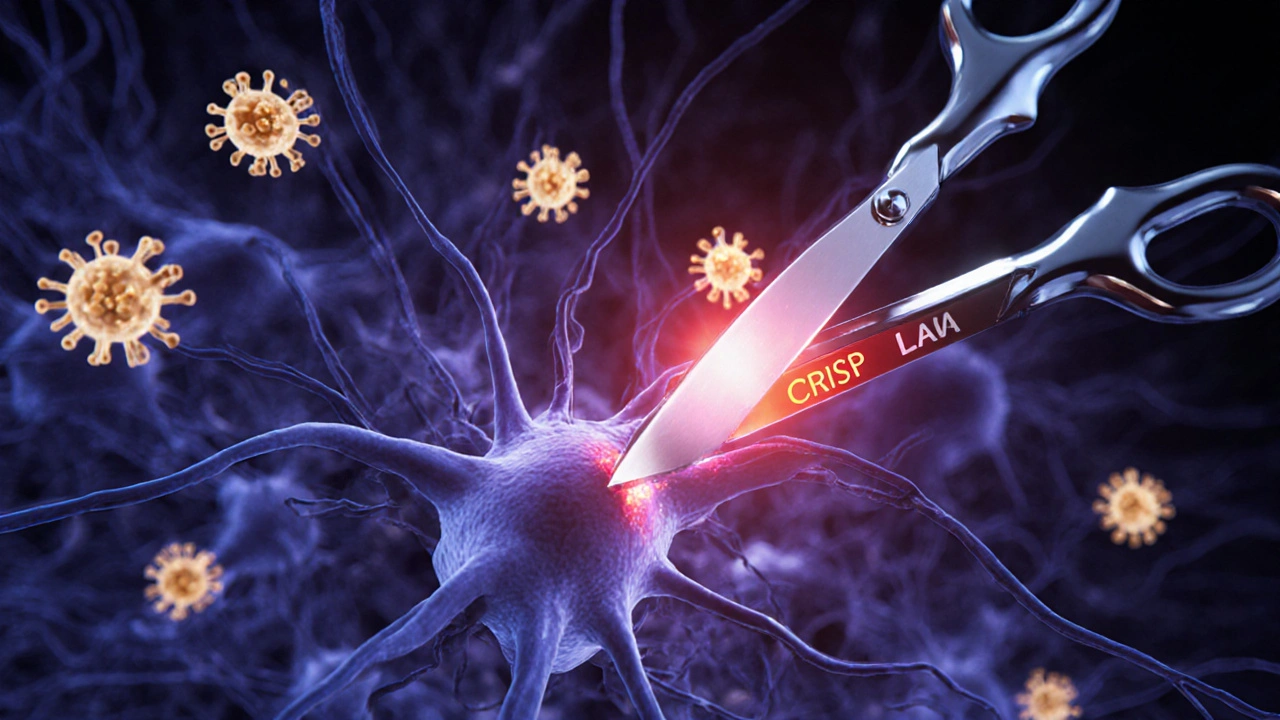 AAV vectors deliver CRISPR scissors to neurons, cutting viral DNA in a ganglion.