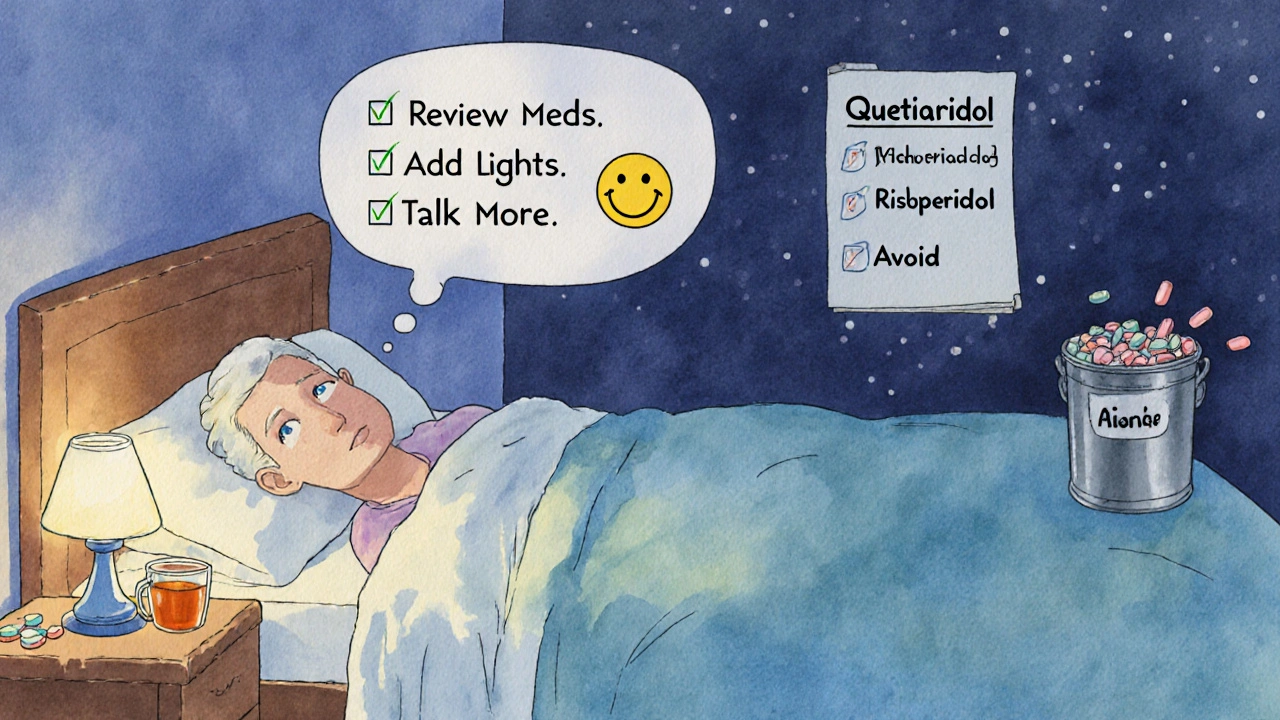 Calming nighttime scene with nightlight and non-drug tips to manage hallucinations in Parkinson’s.