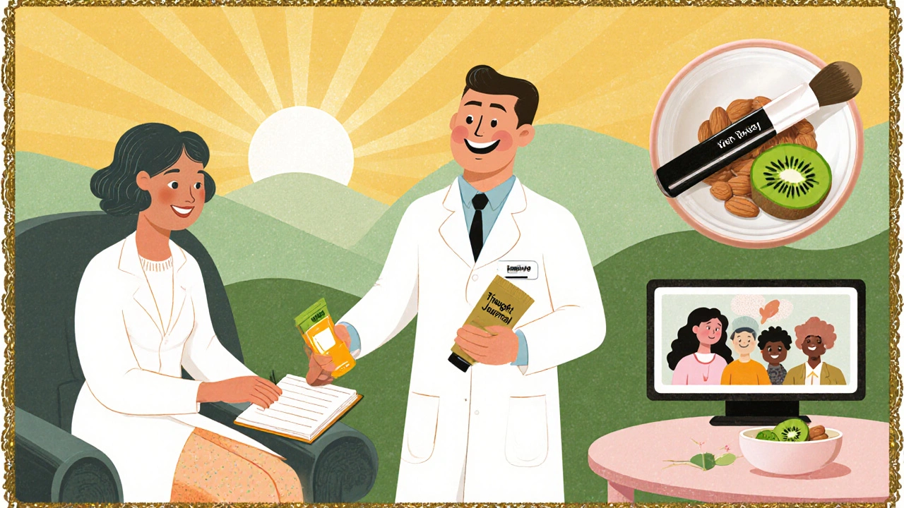 Cartoon collage of dermatologist, therapist, makeup, healthy food, and support group encouraging coping.