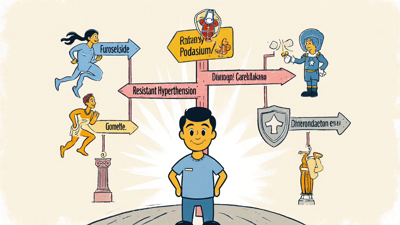 Cartoon decision tree with patient choosing between medication characters.