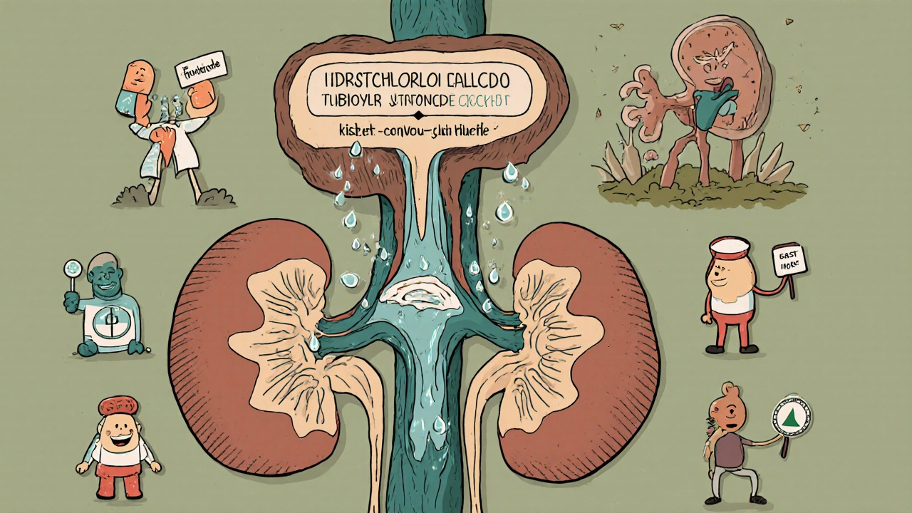 Cartoon kidney nephron showing blocked sodium-chloride transporter and medication icons.