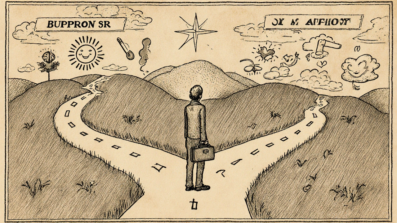 Cartoon patient at a crossroads choosing between a sunny Bupron SR path and a cloudy alternative route.