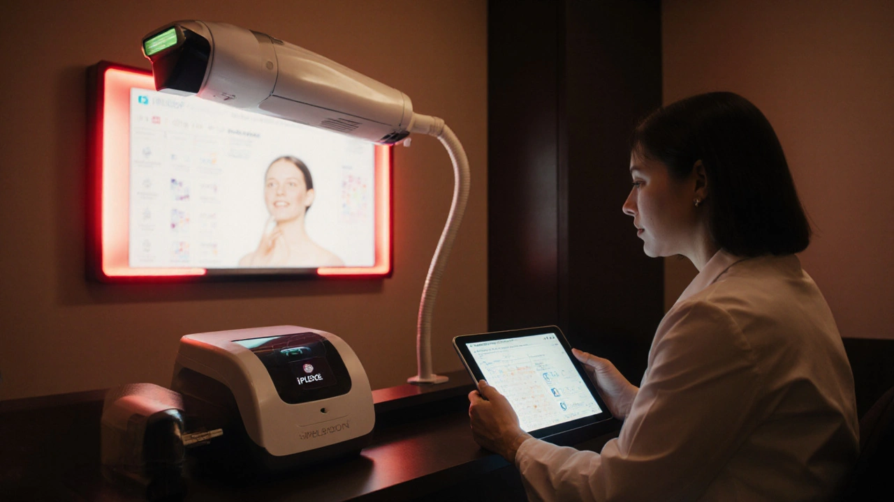 Dermatologist reviewing iPLEDGE compliance beside a glowing laser device in a clinic.