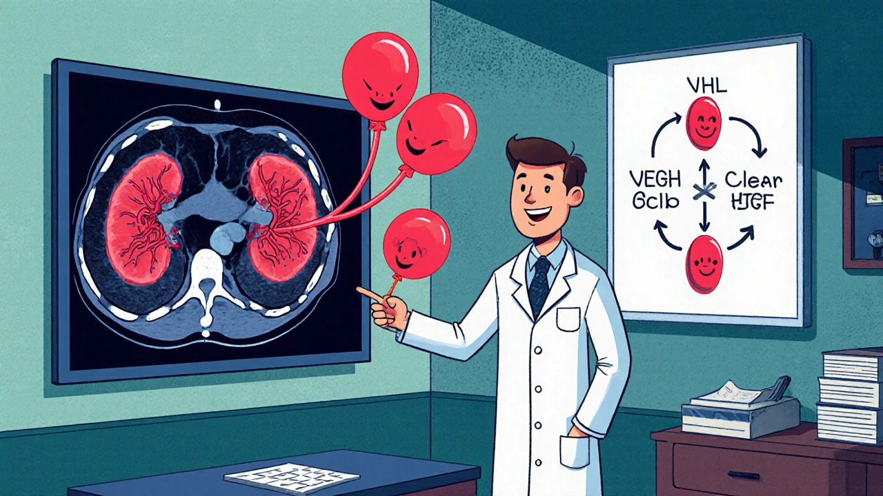 Doctor shows CT scan of kidneys with tumors and cartoon VEGF pathway arrows.