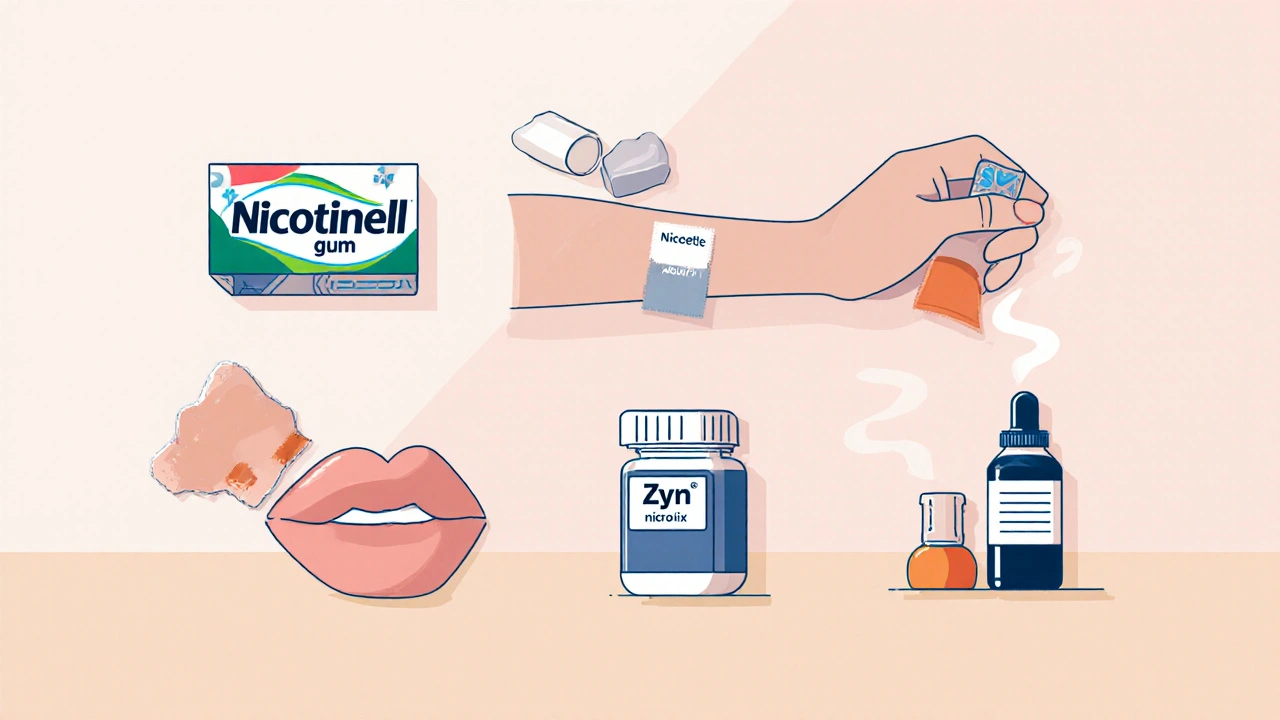 Flat illustration of six nicotine‑replacement products: two gums, patch, lozenge, pouch, tablet, and e‑cig.