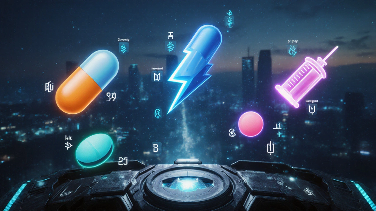 Game HUD showing floating icons of various weight‑loss drugs with colored auras.