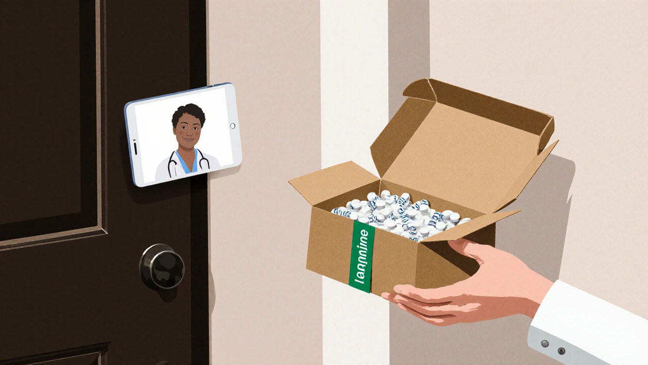 Hand receiving a discreet box with medication, telehealth call shown nearby.