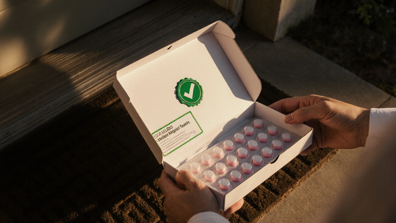 Hands opening a package revealing generic sildenafil tablets.