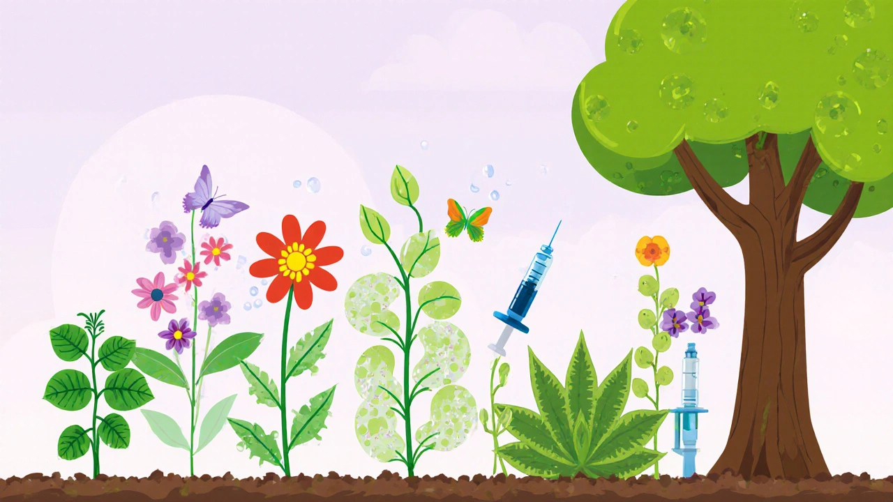 Illustrated garden with each diabetes drug represented as a distinct plant.