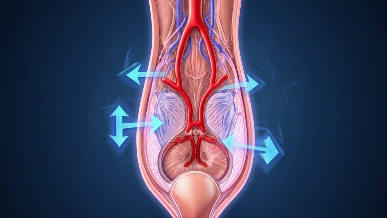 Illustration of vardenafil relaxing penile muscles and increasing blood flow.