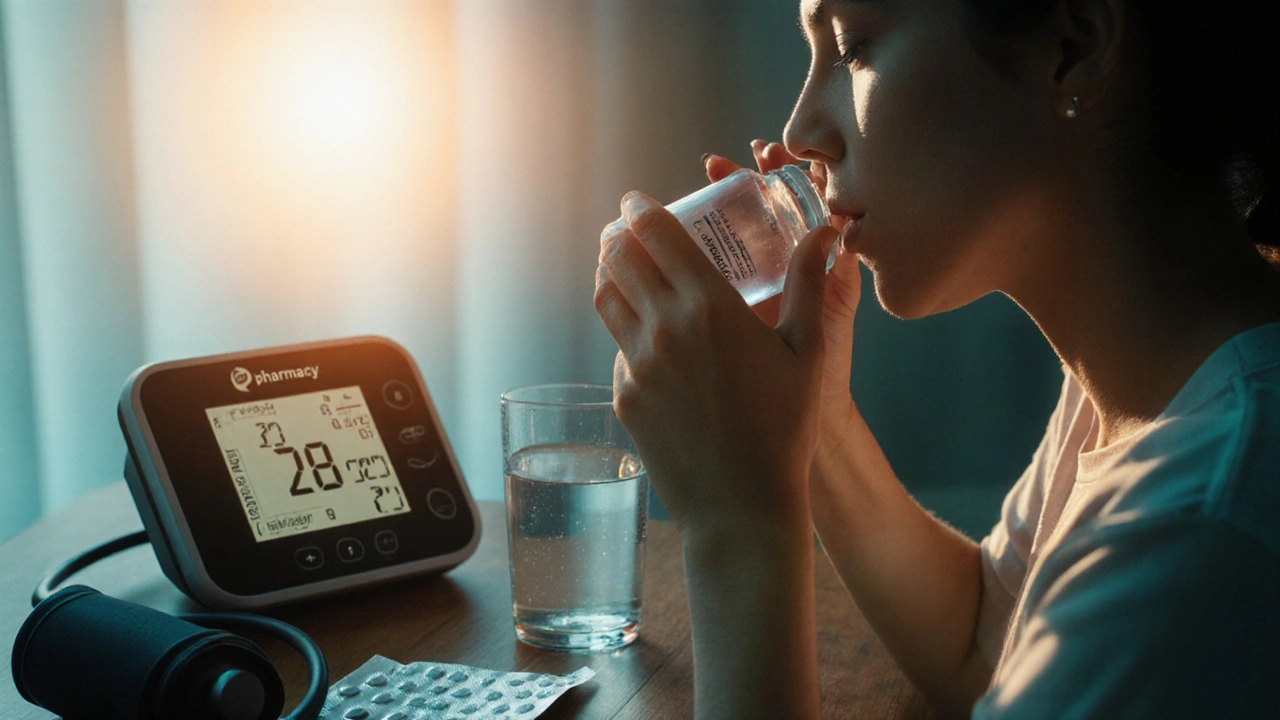 Individual taking generic Effexor at home while checking blood pressure, beside sealed package.