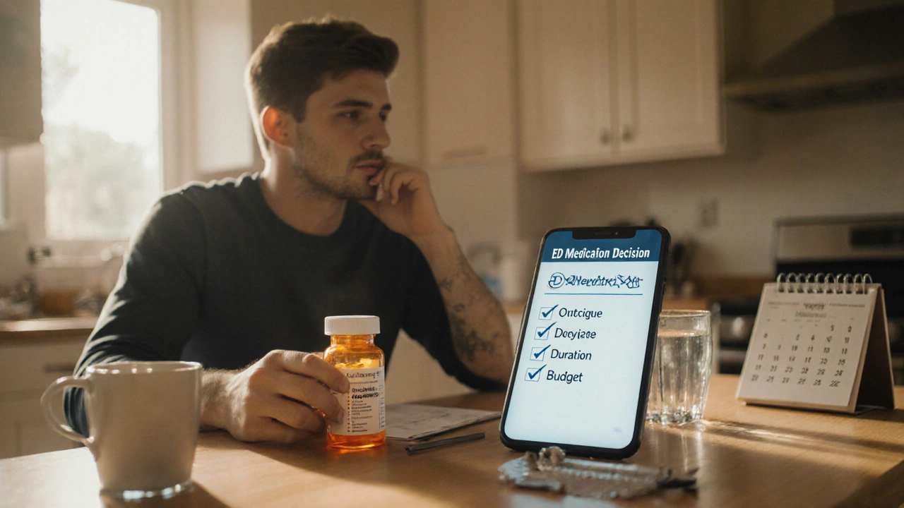 Man reviewing a medication checklist at a kitchen table in morning light.