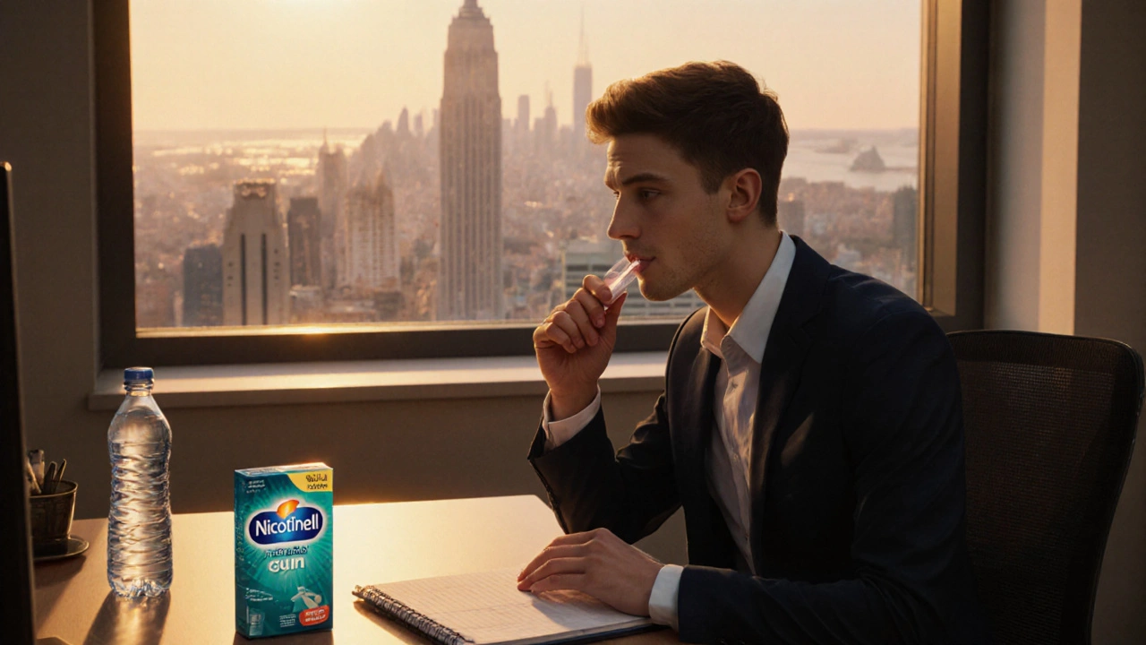Office worker chewing Nicotinell gum at a desk with city view and water bottle nearby.