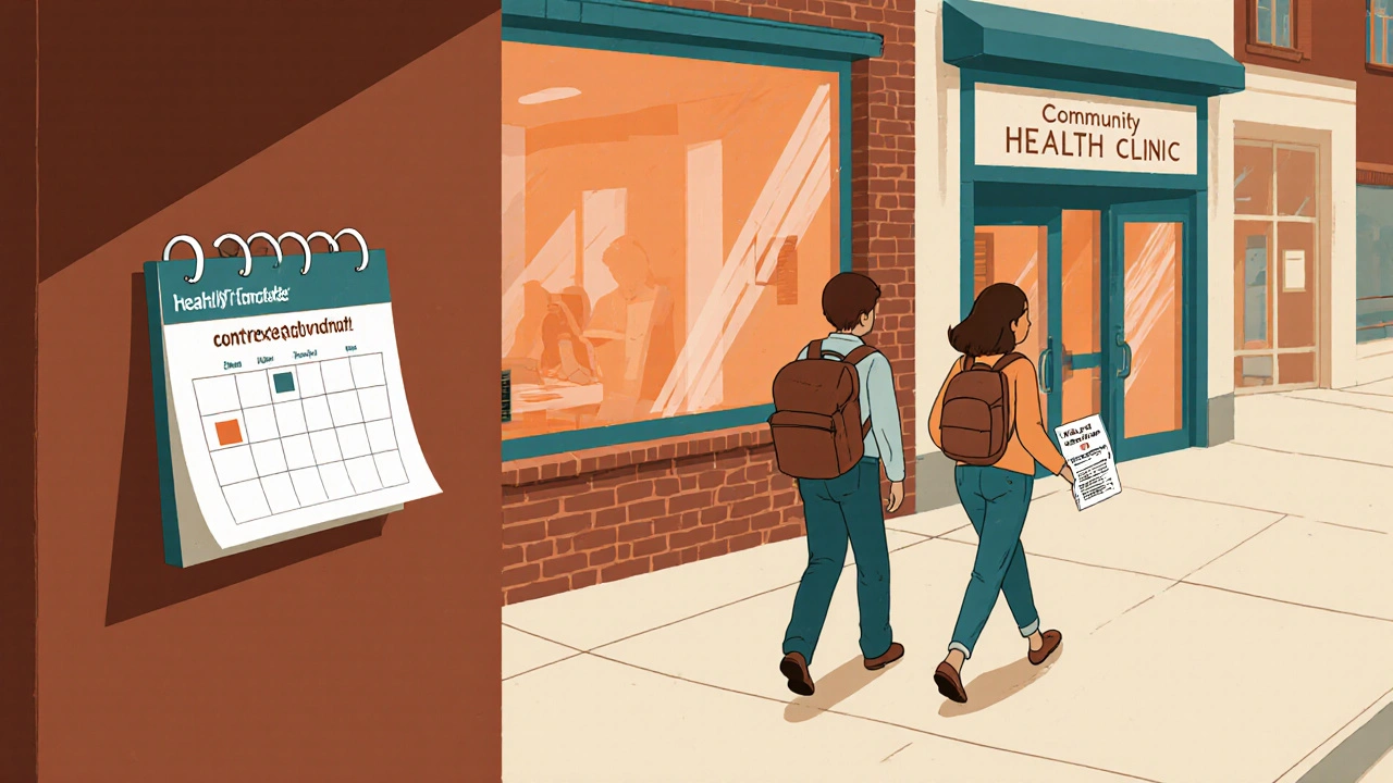 Parent and teen walking to a community clinic, holding a pamphlet and a backpack, with a calendar marking a health talk.