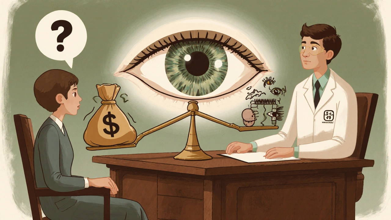 Patient and doctor discussing eye‑drop options with a cost versus side‑effects scale.