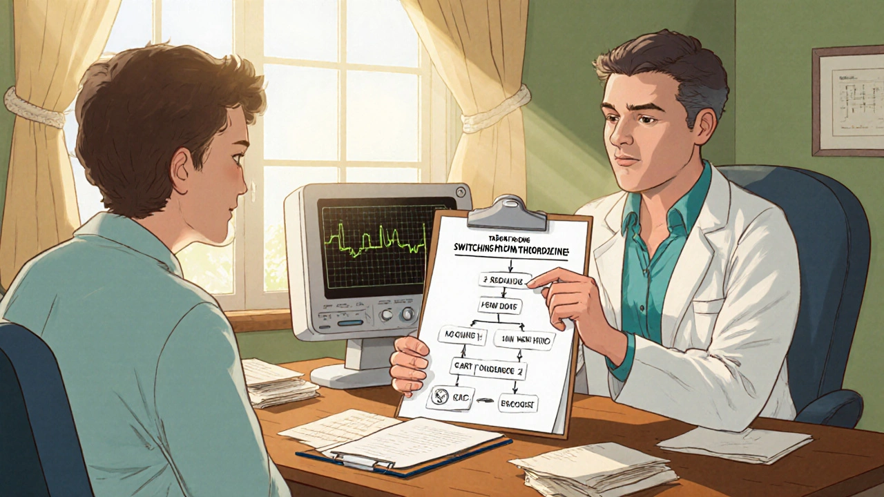 Patient and psychiatrist discuss a Thioridazine taper with a checklist and ECG.