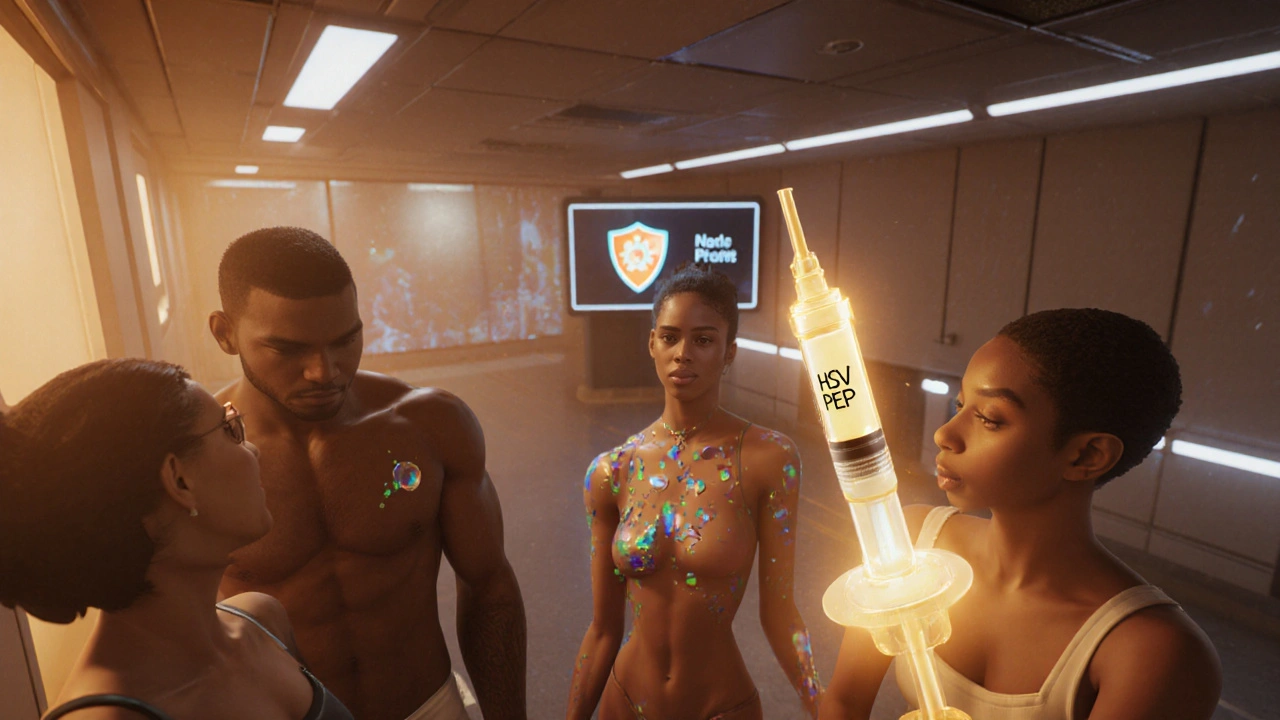 Patients receive nanocarrier cream and vaccine in a bright, futuristic clinic.