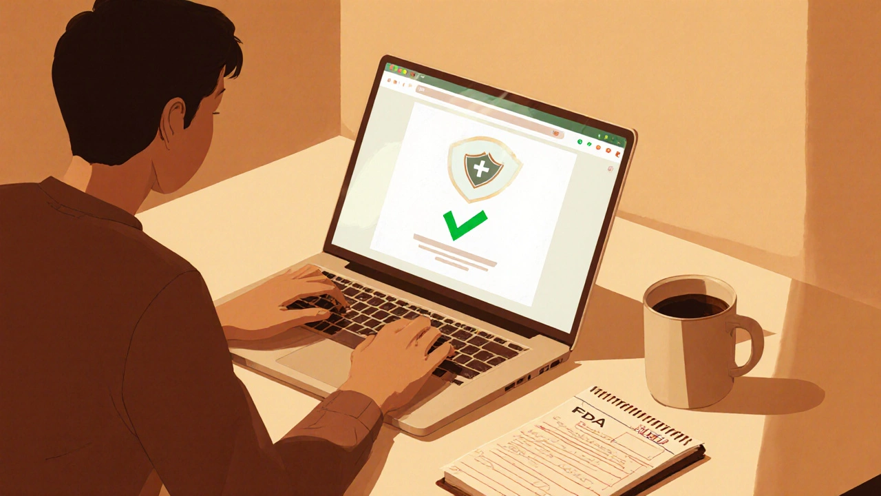Person at a desk browsing a verified online pharmacy on a laptop.