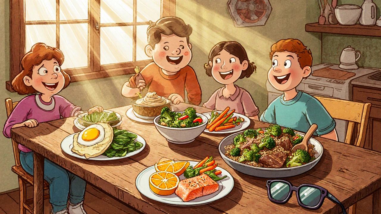 Retro cartoon family dining on a colorful, eye‑healthy meal with omelet, almonds, salmon salad, carrots, and beef stir‑fry.