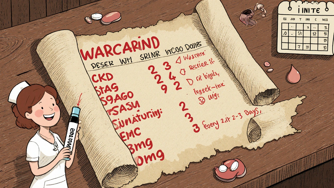 Retro scroll showing CKD stages, warfarin doses, and frequent INR testing icons.