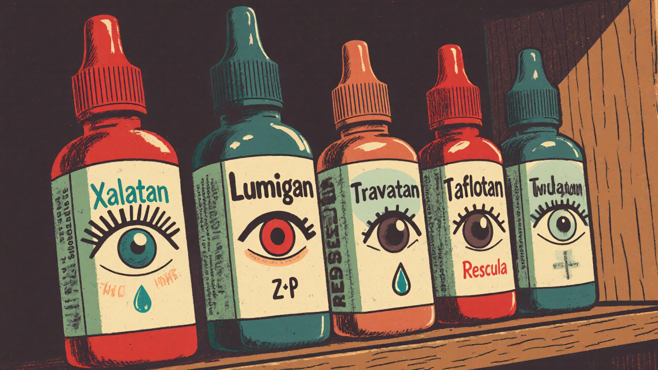 Row of eye‑drop bottles for Xalatan and alternatives with side‑effect icons.