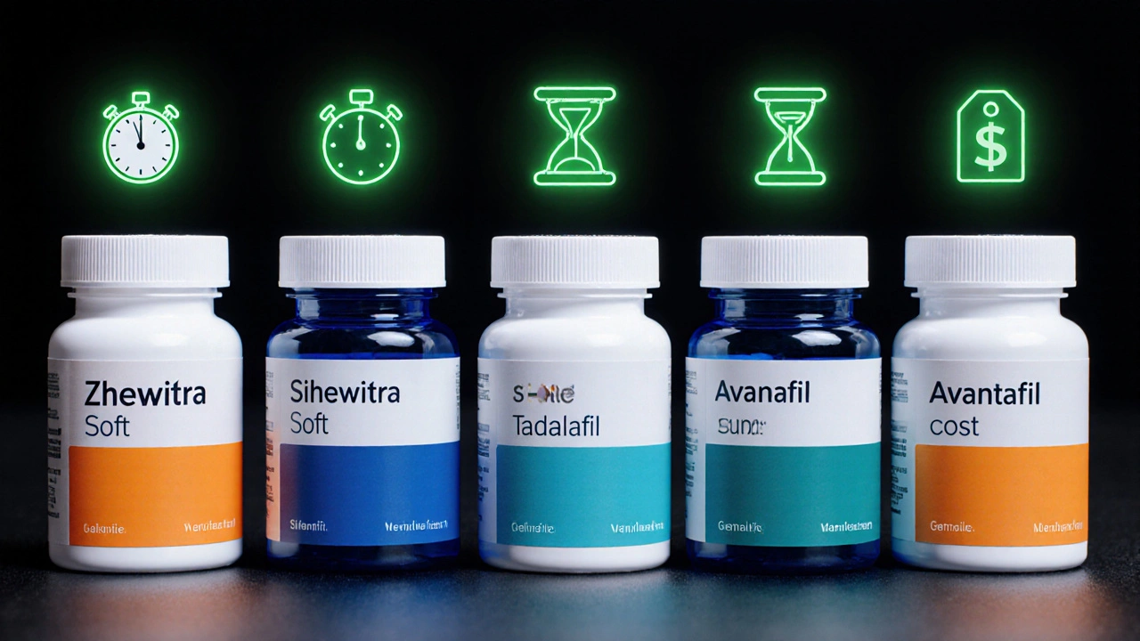 Row of five ED medication bottles with icons for onset, duration, and cost.