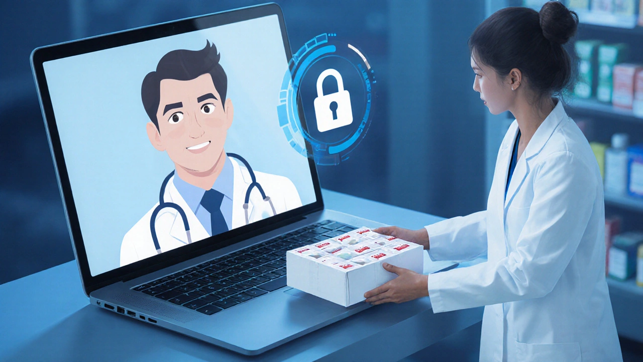 Secure telemedicine video call and pharmacy shipping box representing safe purchase.