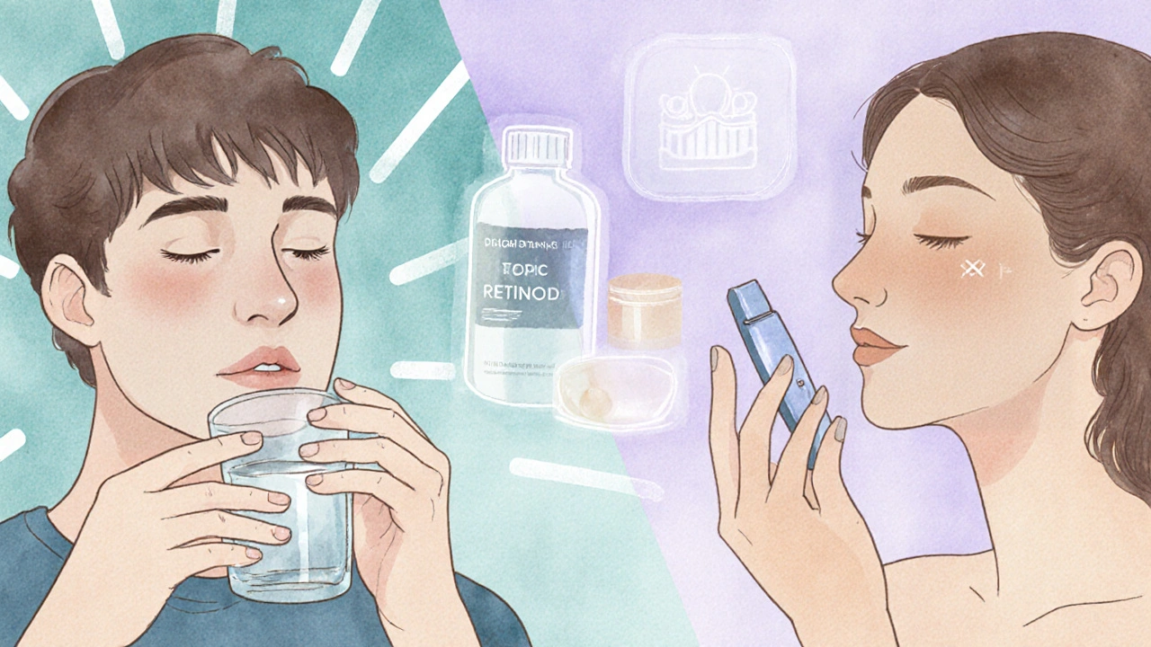 Side‑by‑side view of doxycycline pills and topical retinoid cream with hormone pill and laser icons.