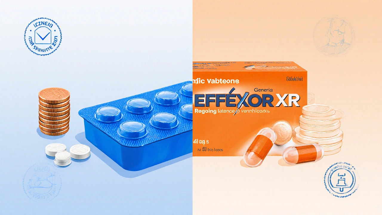 Side-by-side view of generic tablets and brand capsules with visual price cues and FDA seals.
