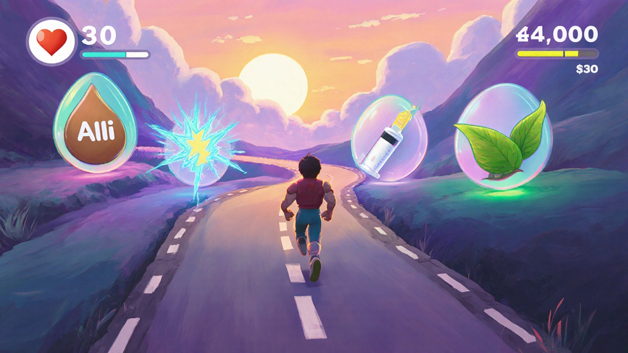 Side‑scroll game scene with a runner collecting medication power‑ups on a pastel road.