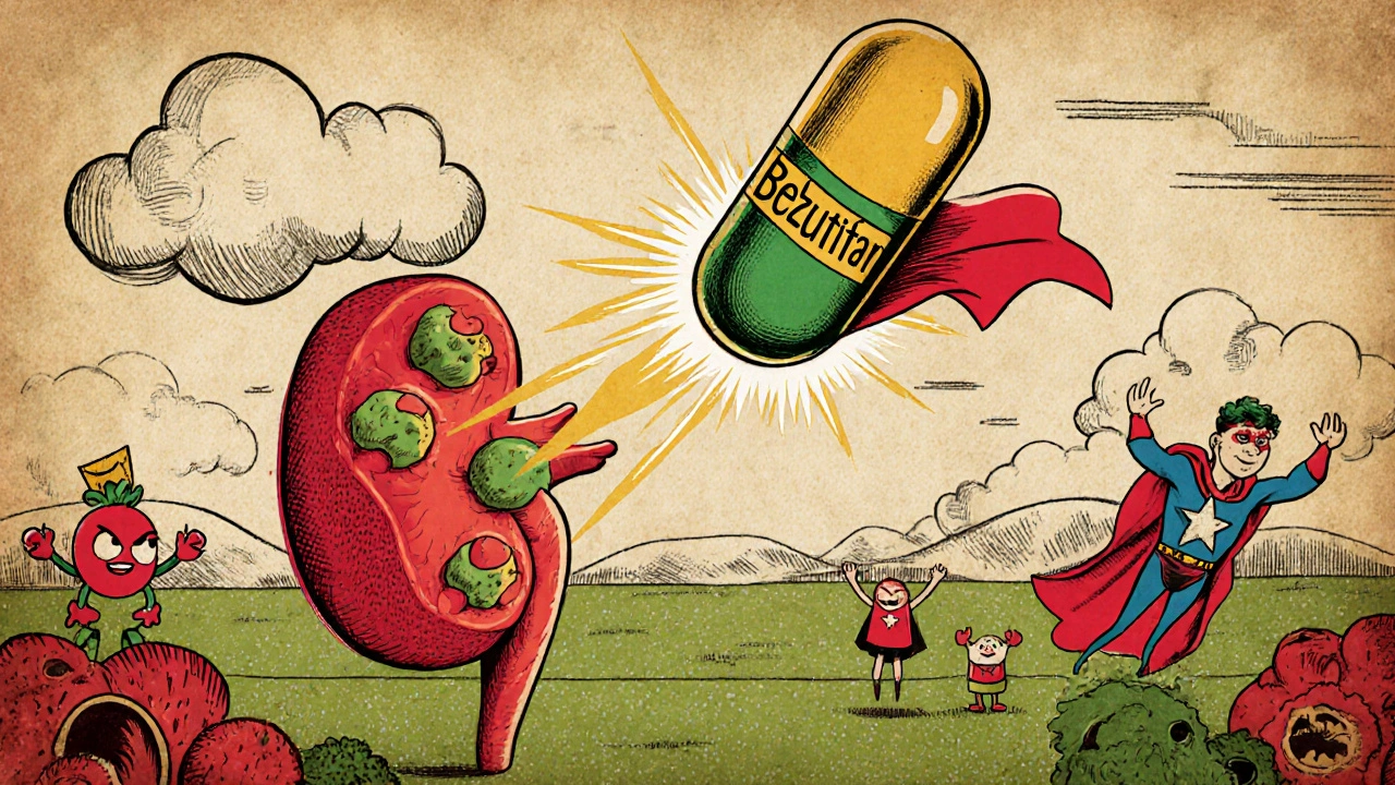 Superhero pill shrinks kidney tumor clouds as cartoon immune cells cheer.