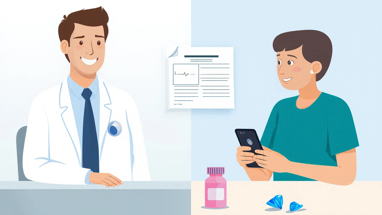 Telemedicine video call shows doctor and patient with prescription.