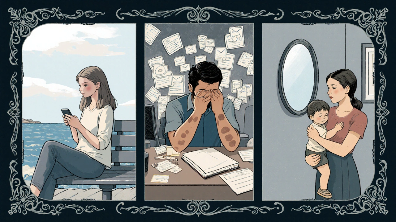 Three cartoon vignettes of Emma, Raj, and Lara experiencing melasma‑related anxiety.