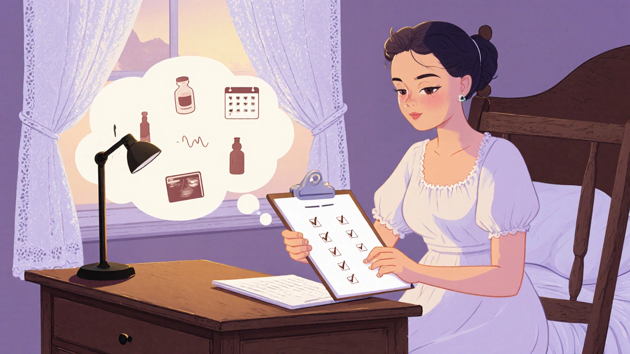 Vintage cartoon of a woman reviewing a checklist before changing fertility medication.