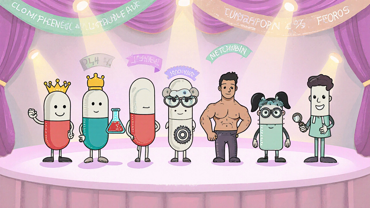 Vintage cartoon of personified medication characters comparing effectiveness and side effects.