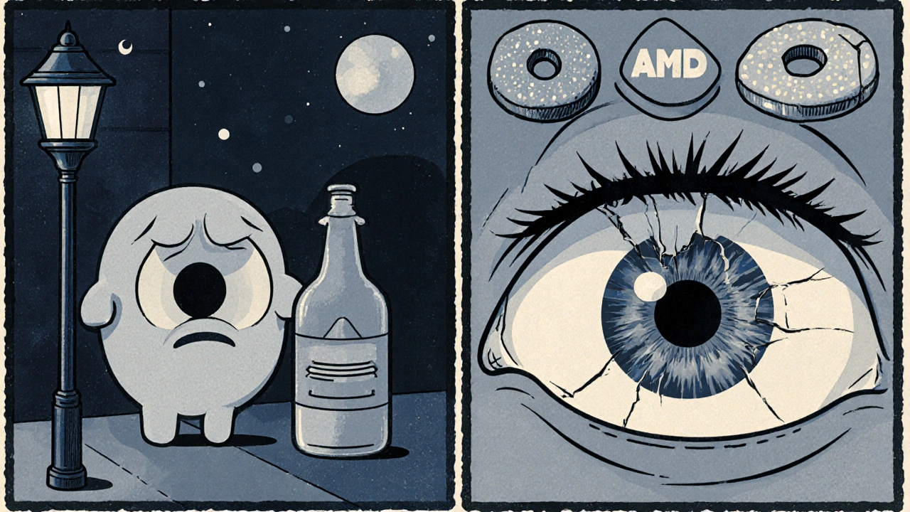 Vintage cartoon showing eye problems: night‑blindness, cataract, and macular degeneration with missing vitamin symbols.