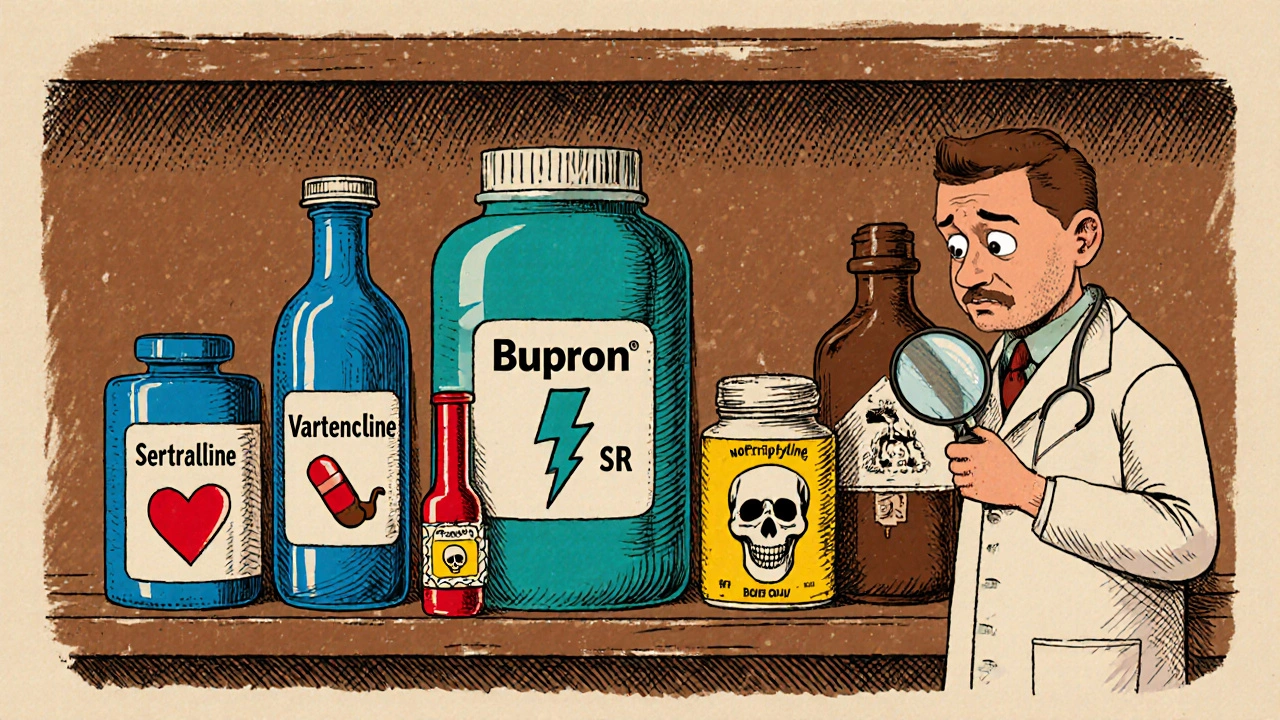 Vintage pharmacy shelf with cartoon bottles of Bupron SR, Sertraline, Varenicline, nicotine patch, and Nortriptyline.