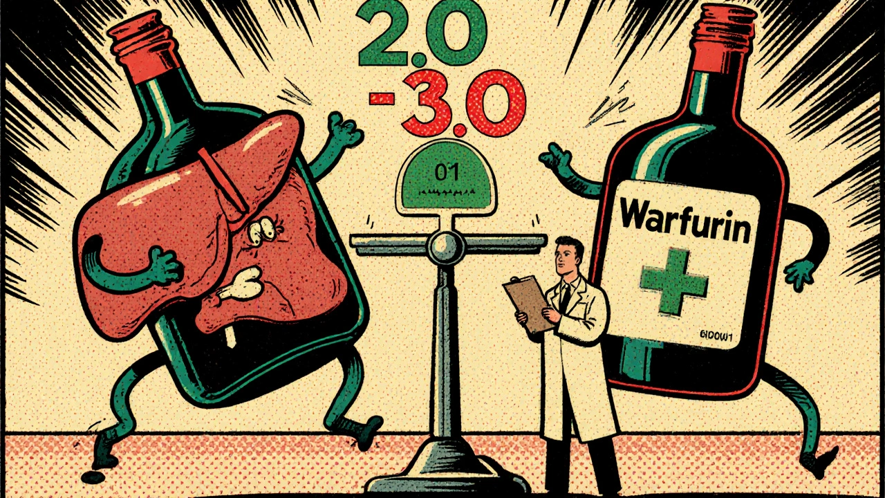 A cartoon liver fighting bottles of alcohol and warfarin, with a doctor watching a tipping scale.