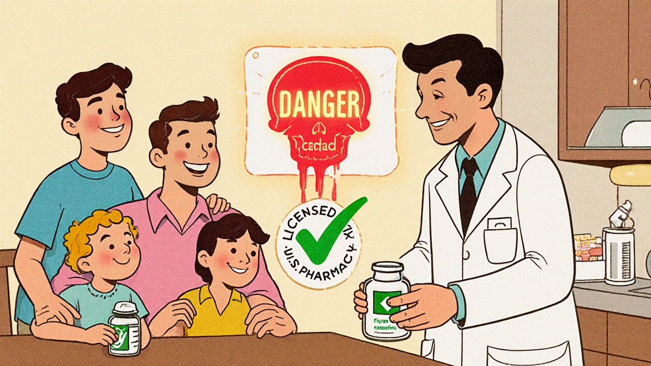 A family safely getting medicine from a licensed pharmacist, with a danger sign fading away in vintage cartoon style.