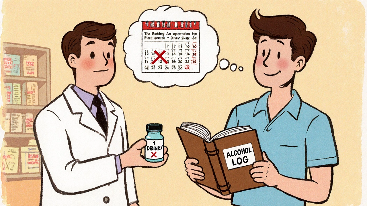 A patient keeping an alcohol log while a pharmacist offers a safer medication option.
