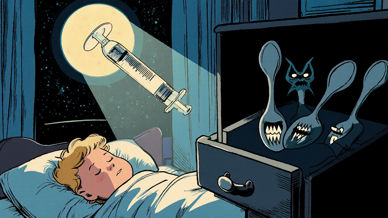 A safe syringe glows above a sleeping child as menacing spoons retreat into a dark drawer.