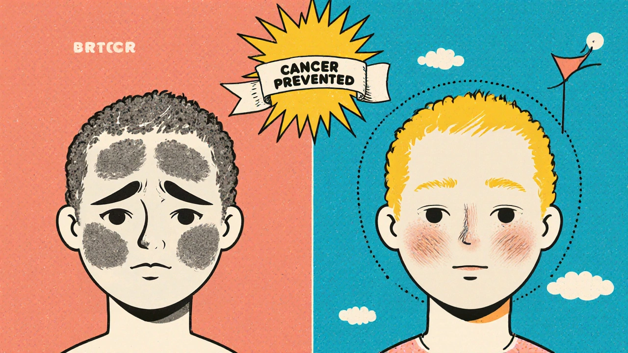 Before-and-after cartoon of sun-damaged skin healing into smooth, healthy skin.