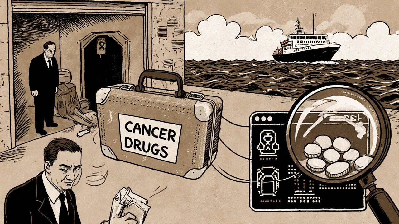 Cartoon smuggling chain transporting counterfeit cancer drugs across continents with dangerous ingredients revealed.