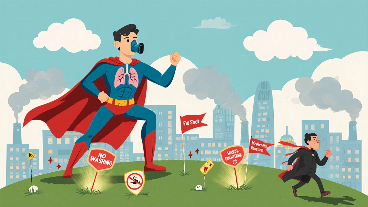 COPD superhero planting prevention flags against pollution and cold air threats.